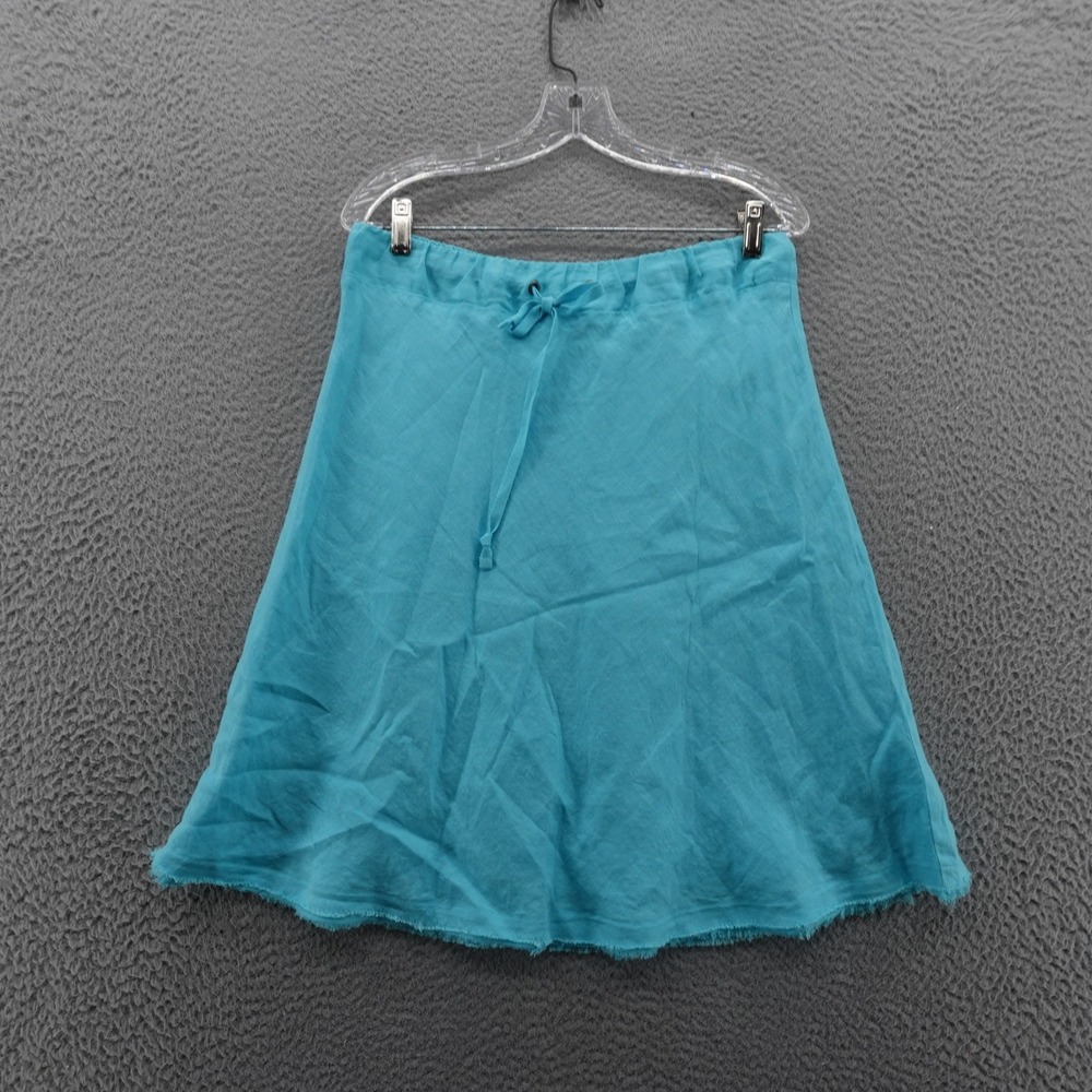 Coldwater Creek Linen Skirt Blue Pull On 8 Petite Womens‎ Lined Fringe Hem